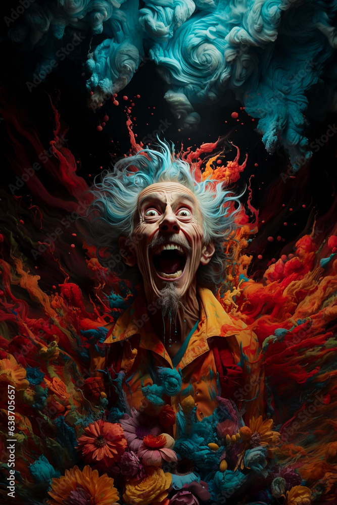 Deranged old man in a dark room bursting with an explosion of flowers and bright colored paint