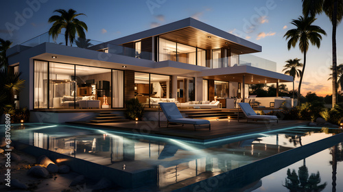 Exterior of amazing modern minimalist cubic villa with large swimming pool among palm trees © master graphics 