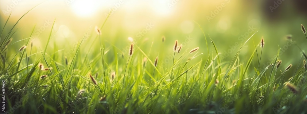 Dewy fresh grass in spring sun. Seasonal meadow background with light bokeh and short depth of field Dewy fresh grass in spring sun. Seasonal meadow background with light bokeh and short depth of field