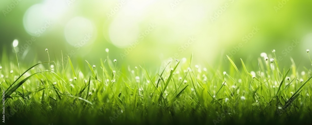Fototapeta premium Dewy fresh grass in spring sun. Seasonal meadow background with light bokeh and short depth of field