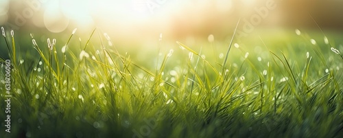Dewy fresh grass in spring sun. Seasonal meadow background with light bokeh and short depth of field