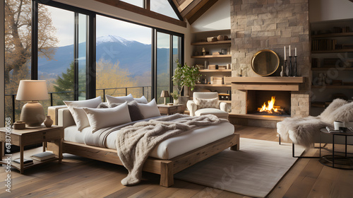 farmhouse interior design of modern bedroom with hardwood floor.