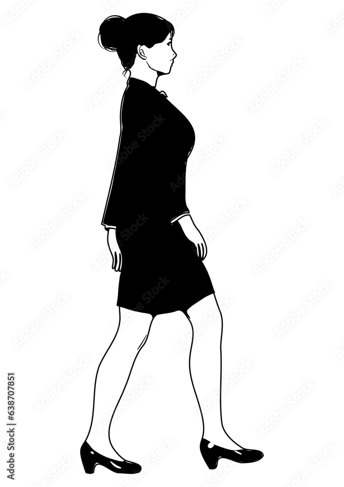 スーツ姿の歩くビジネスウーマン女性のイラスト 全身横向き 横顔 モノクロ スーツ姿の歩くビジネスウーマン女性のイラスト 全身横向き 横顔 モノクロ