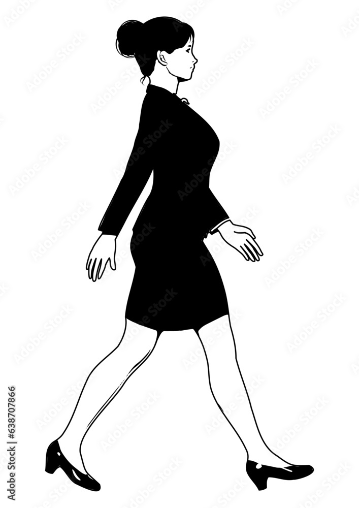 スーツ姿で歩くビジネスウーマン女性 全身横向き 横顔 モノクロのイラスト