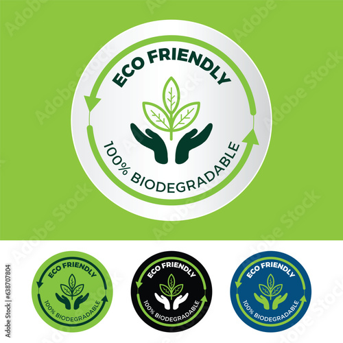 Eco Friendly Icon, 100% Biodegradeable, 100% Compostable, Eco Icon, pictogram, Symbol, sign, logo, badge, emble, isolated graphic vector, flat illustration, Icon For packaing, environment friendly.