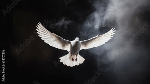 White dove flying free out of the darkroom with smoke on a black background. freedom concept and International Day of Peace