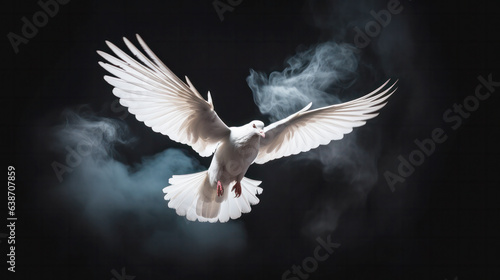 White dove flying free out of the darkroom with smoke on a black background, freedom concept and International Day of Peace © chiew