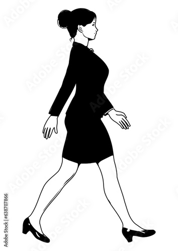 Obraz na płótnie スーツ姿で歩くビジネスウーマン女性 全身横向き 横顔 モノクロのイラスト w salonie