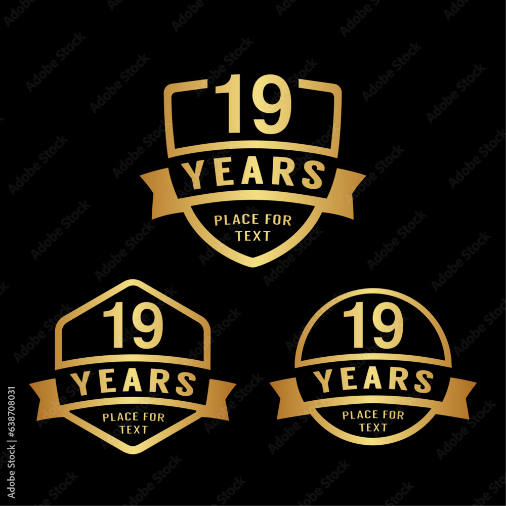 19 years anniversary celebration logotype. 19th anniversary logo collection. Set of anniversary design template. Vector illustration.
