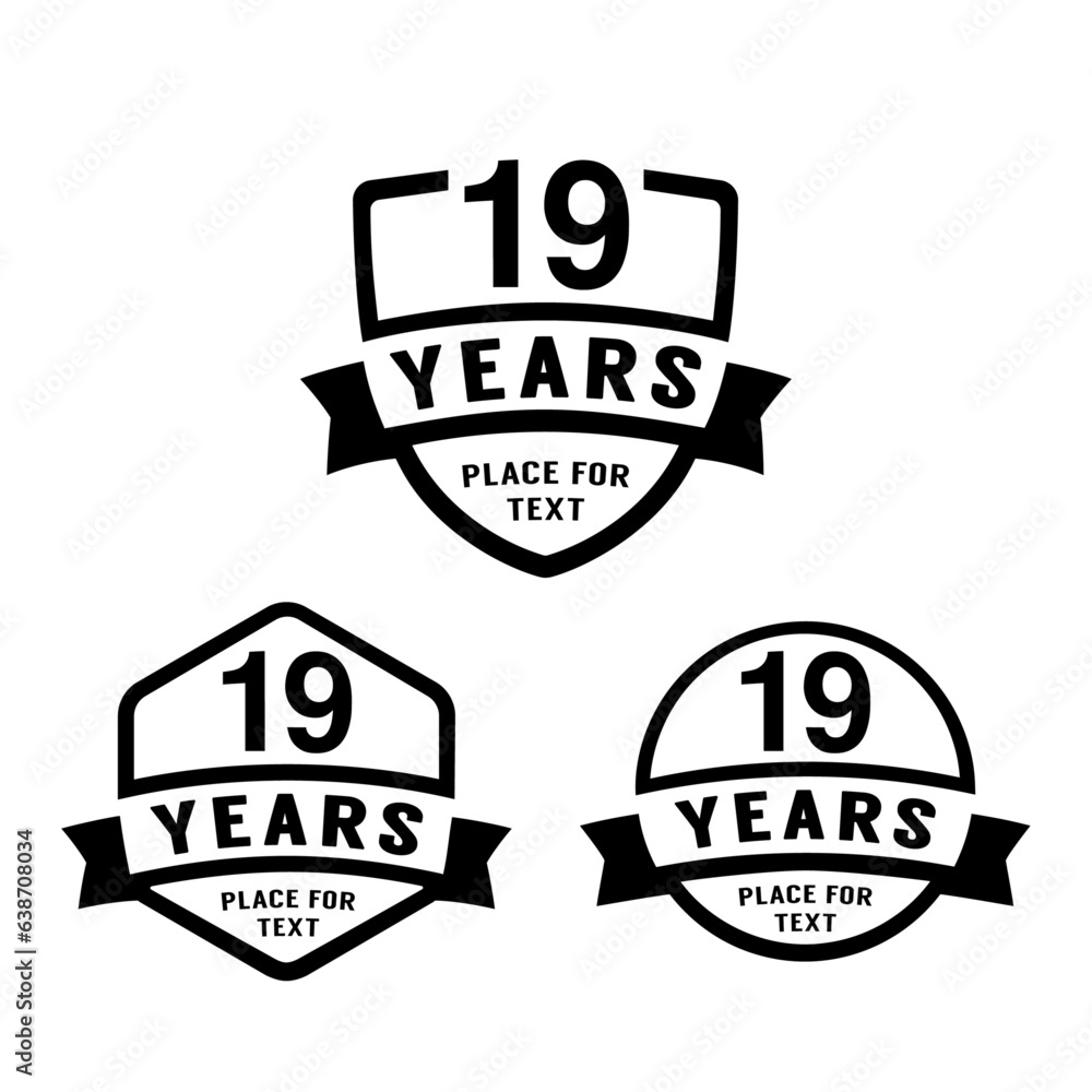 19 years anniversary celebration logotype. 19th anniversary logo collection. Set of anniversary design template. Vector illustration.
