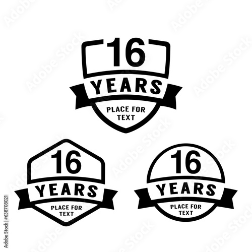 16 years anniversary celebration logotype. 16th anniversary logo collection. Set of anniversary design template. Vector illustration.
