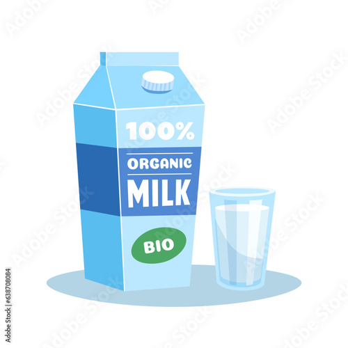 Milk pack and glass of milk beverage. Design concept for banner, poster, flyer. Vector illustration