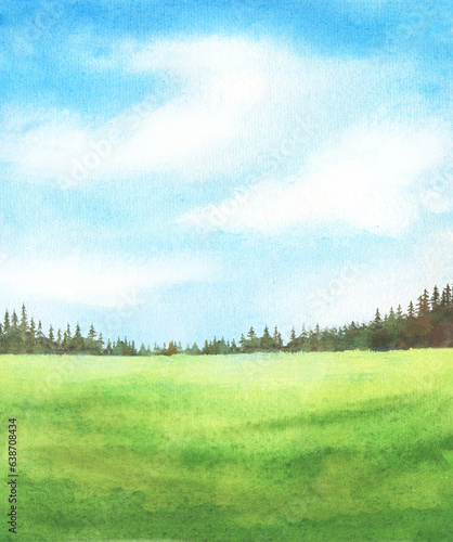 Abstract watercolor background with grass green field and blue sky with clouds, spruce trees hand drawn illustration