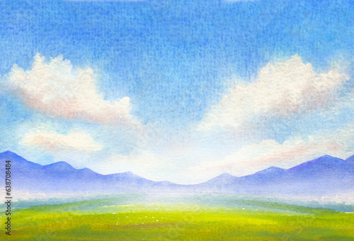 Watercolor landscape sky with clouds and mountains, green grass field, nature background illustration © Ghen