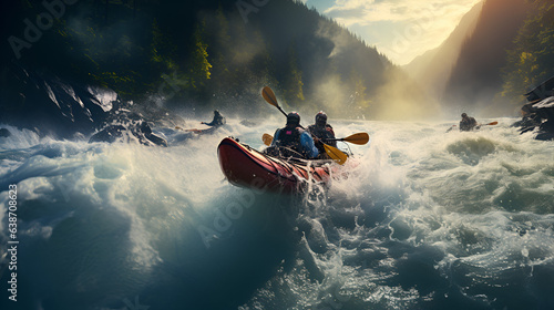 kayakers crossing a raging river.