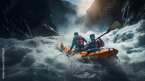 kayakers crossing a raging river. © Tendofyan