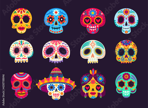 Calavera sugar skulls. Mexican dia de los muertos day of the dead holiday skulls. Cartoon vector set of male and female craniums with floral pattern. Traditional calaca heads for Death celebration