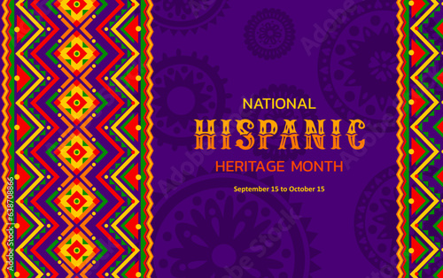 National hispanic heritage month festival banner with ethnic ornament pattern. Latin culture carnival background, Hispanic heritage festival vector flyer with mexican traditional embroidery ornament