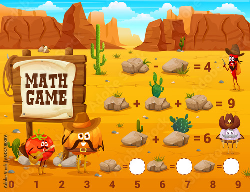 Western math game worksheet. Wild West characters, stones and desert. Vector puzzle with tomato, pumpkin, garlic and chili pepper cowboy, sheriff or robber personages. Amusement mathematics riddle