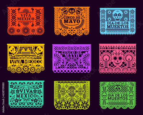 Mexican paper cut holiday flags. Cinco de mayo, dia de los muertos, viva mexico papel picado ornaments. Isolated vector laser cutting templates, traditional decor with floral pattern, skulls