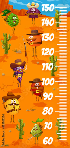 Kids height chart ruler, Western cartoon cowboy, bandit and ranger fruit characters, vector growth meter. Baby tall measure ruler or height chart with melon, grape and pear or orange and fig cowboys