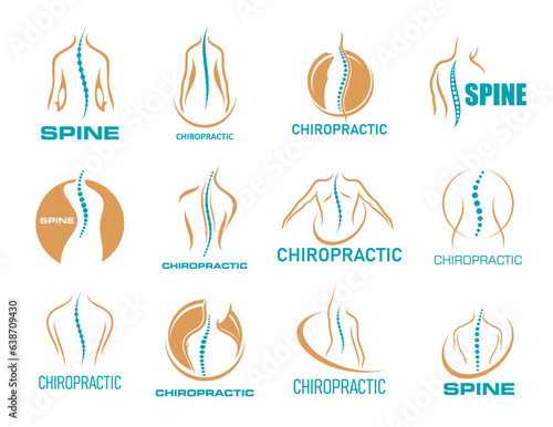 Chiropractic medicine icons, physiotherapy, spine back pain and body health massage, vector symbols. Chiropractic therapy or physiotherapy clinic and osteopathic chiropractor center emblems set