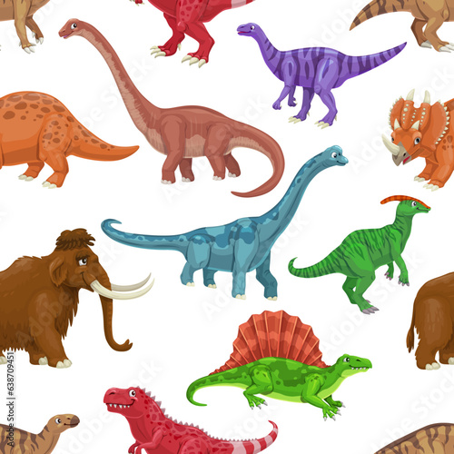 Cartoon dinosaur characters seamless pattern. Textile vector backdrop  fabric print with Tarbosaurus  Dimetrodon  Parasaurolophus and Centrosaurus  Plateosaurus dinosaurs  reptiles funny personages
