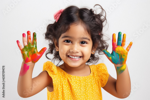 Indian little girl child showing her colored hands and smiles