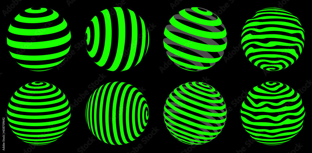 Collection of green spheres with simple patterns. 3d balls set. Green and black geometric elements for design templates, icons, logo. Abstract vector globes pack on the black background. 10 EPS Collection of green spheres with simple patterns. 3d balls set. Green and black geometric elements for design templates, icons, logo. Abstract vector globes pack on the black background. 10 EPS