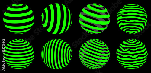 Collection of green spheres with simple patterns. 3d balls set. Green and black geometric elements for design templates, icons, logo. Abstract vector globes pack on the black background. 10 EPS