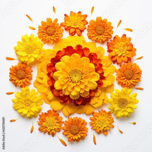 Flower Rangoli for Diwali festival made using Marigold or Zendu flowers