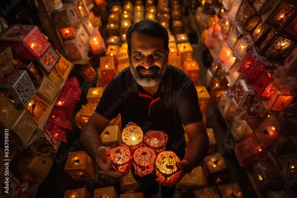 Indian man selling lanterns for diwali festival.