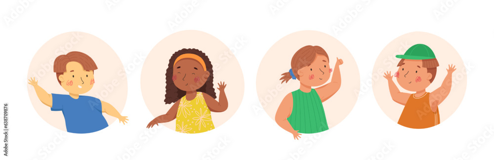 Happy children in the colorful circles and the white background. Vector cartoon illustration. Multiculturalism and diversity. Boys and girls with funny faces and emotions. Cute kids characters. Ideal Happy children in the colorful circles and the white background. Vector cartoon illustration. Multiculturalism and diversity. Boys and girls with funny faces and emotions. Cute kids characters. Ideal