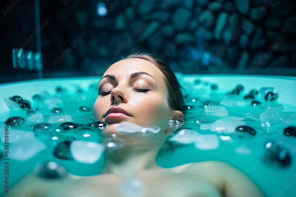 Woman takes a dive in ice bath. Cold water cryo therapy. AI Stock 写真 Adobe Stock