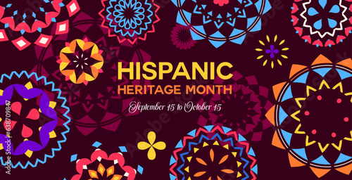 National hispanic heritage month banner with festival ethnic pattern. Vector background with bright colored ornamental circles, showcase rich cultural traditions and Spanish event celebration