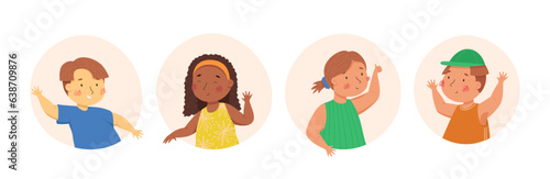 Happy children in the colorful circles and the white background. Vector cartoon illustration. Multiculturalism and diversity. Boys and girls with funny faces and emotions. Cute kids characters. Ideal