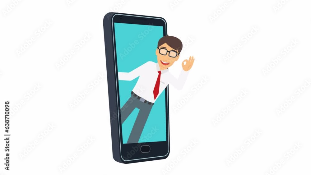 Man looks out of a smartphone. Animation gesture is all ok, alpha channel. Cartoon Man looks out of a smartphone. Animation gesture is all ok, alpha channel. Cartoon