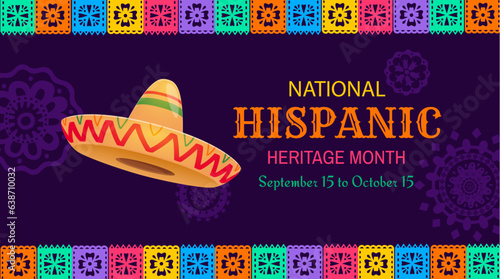 Sombrero hat and papel picado flags, national hispanic heritage month festival banner. Vector background for celebration annual event honoring the rich cultural contributions of spanish community