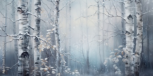 illustration of a frosty morning in a birch forest, generative AI photo