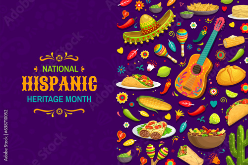 National hispanic heritage month banner. Cuisine, sombrero, musical instruments and flowers. Mexican national holiday background, ethnic festival vector flyer with guitar, maracas, taco and nacho