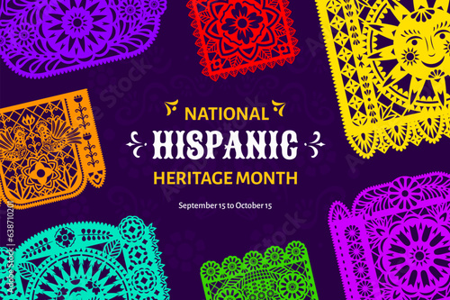 National hispanic heritage month festival banner with papel picado flags. Mexican and Spanish carnival banner, Hispanic heritage holiday vector flyer with mexican papel picado paper cut garland