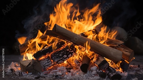 A fire pit with logs and flames on a black background, created by Generative AI