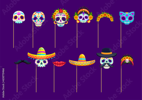 Mexican dead day photo booth masks with props. Dia de los muertos holiday sugar and animal skull, sombrero, moustaches, catrin and lips masks. Vector carnival calavera, whisker and cat head on sticks