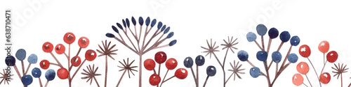 Seamless border of hand-painted watercolor botanical elements. Red and blue winter berries, seeds, dry branches and twigs. For the design of Christmas and wedding cards and invitations.