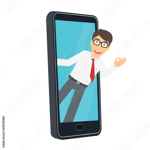 Man looks out of a smartphone. Gesture is all ok, vector illustration