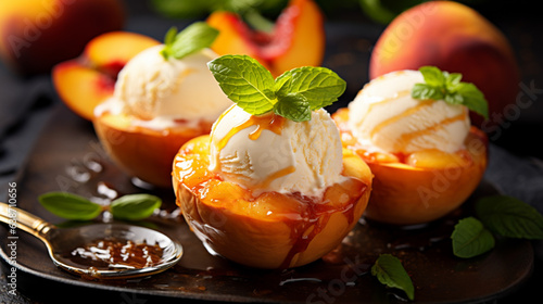 Grilled peach sundae: Juicy peaches caramelized on Grilled peach sundae: Juicy peaches caramelized on the grill, served with vanilla ice cream, topped with nuts and a drizzle of honey, a warm and swee