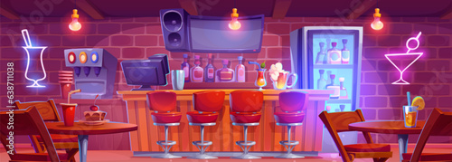 Bar counter interior vector cartoon illustration. Beer on pub table in night club with neon illumination, fridge and loud speaker. Evening nightclub with nobody. Stool and desk furniture in tavern