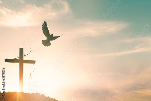 Quadro su tela Silhouette of Jesus with Cross over sunset concept for religion, worship, Christ