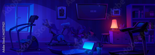 Home gym room at night with yoga equipment cartoon vector background. Sport exercise and fitness workout indoor house studio at midnight. Tablet screen glow in dark wellness apartment panorama