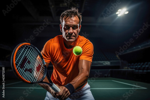 Action tennis player man with a tennis racket in tennis pose on chords. The background is dark lights